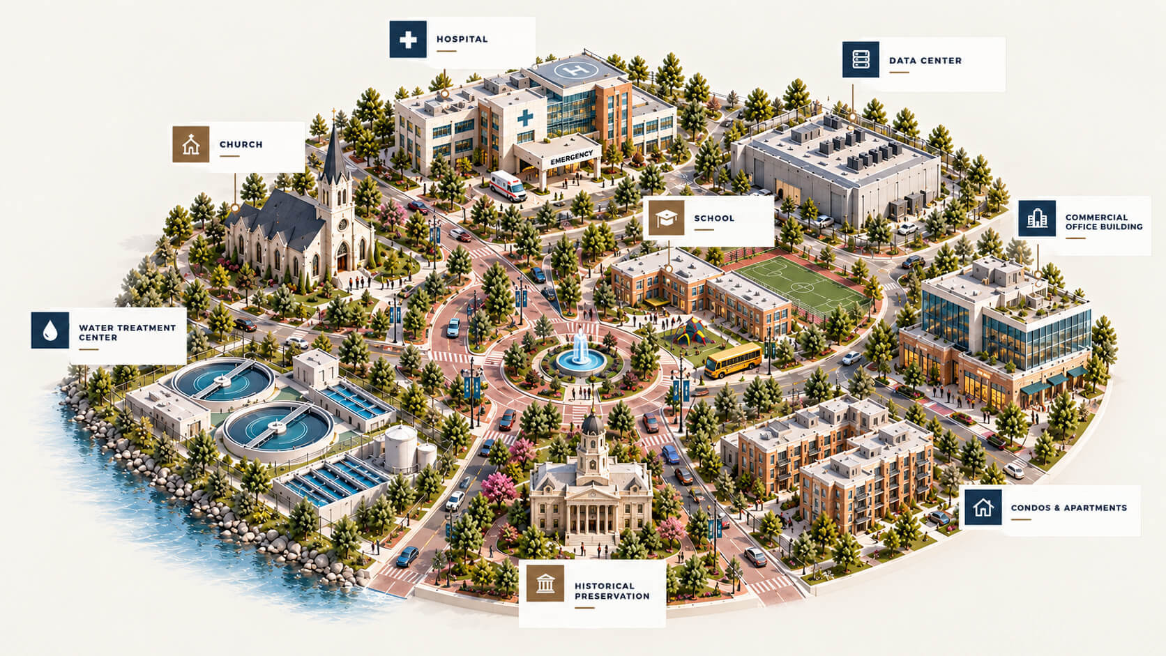 Illustrated map of a town with labels for hospital, data center, commercial office building, school, condos and apartments, historical preservation, water treatment center, and church.