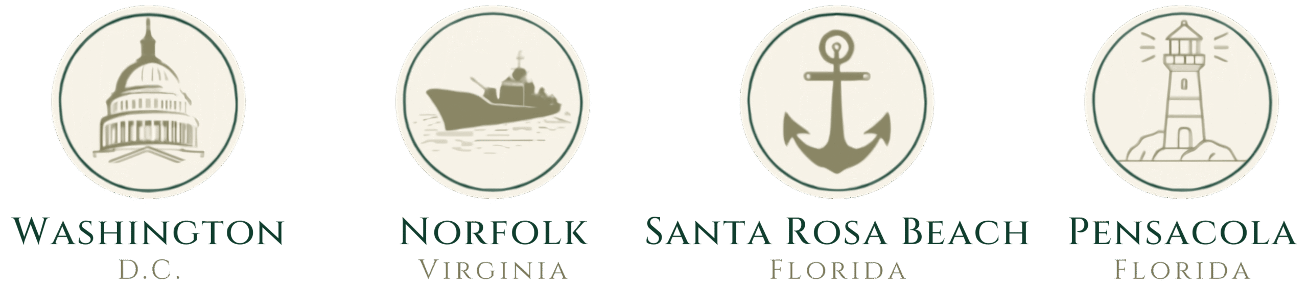 Icons for Washington DC, Norfolk Virginia, Santa Rosa Beach Florida, Pensacola Florida.